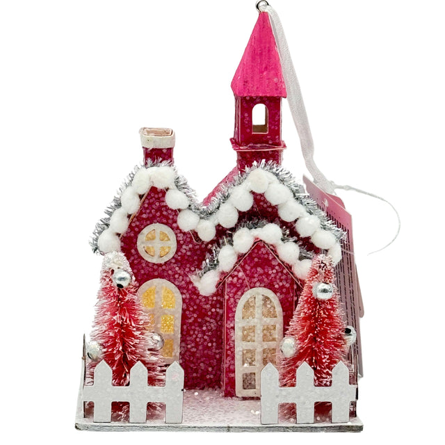 Raz Imports Dark Pink Putz Church lighted Village ornament vintage 5"