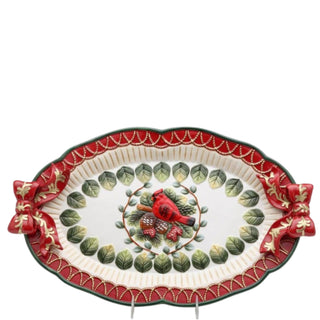Evergreen Holiday Bow Cardinal Holly Berry Tray