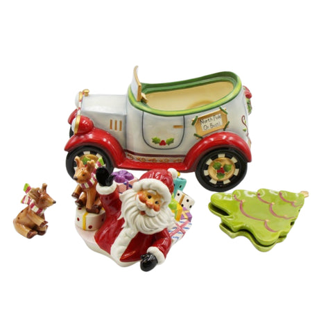 I Believe: Santa Driving Cookie Jar Salt Pepper Shaker Set Plates Set