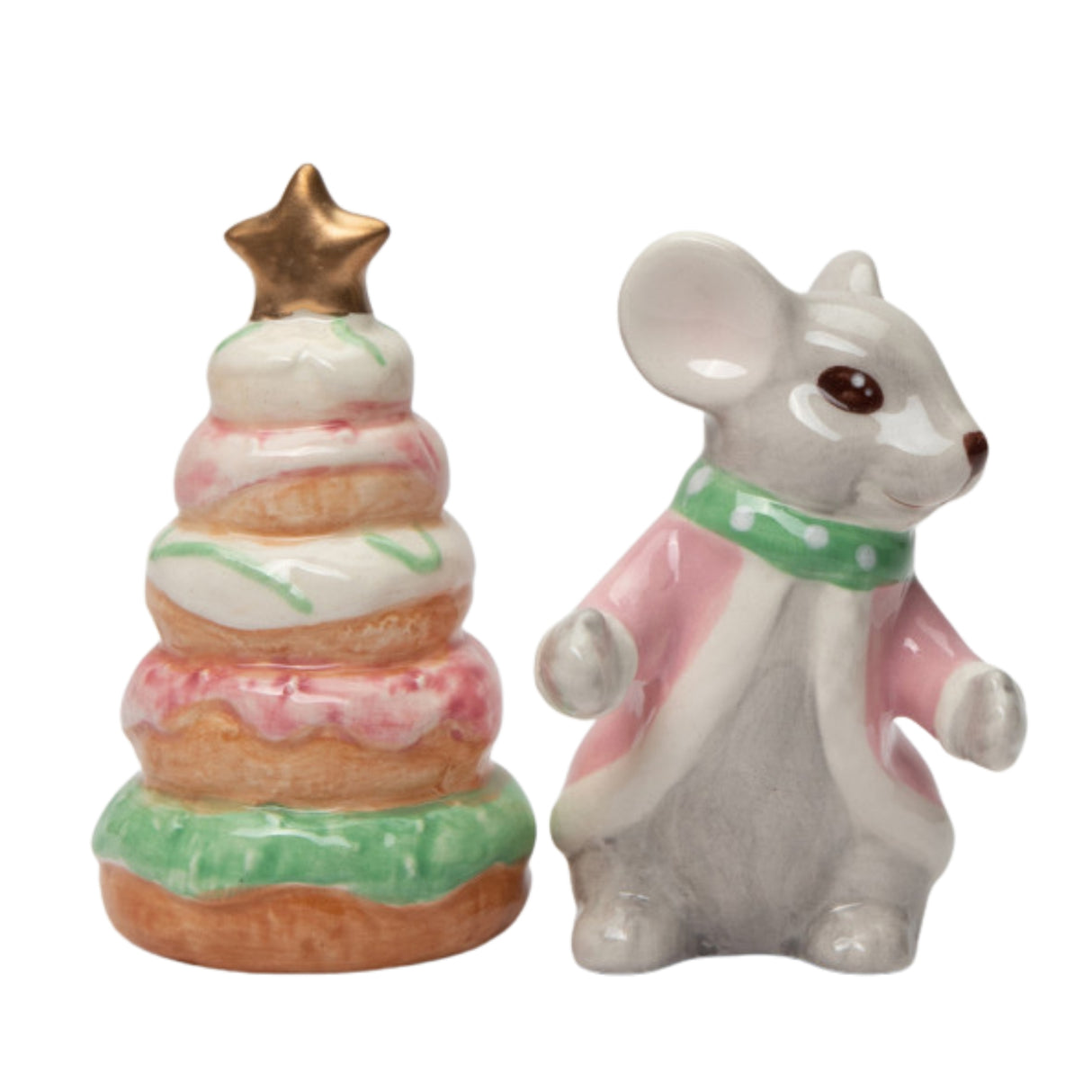 Pastel X'mas Mouse & Donut Tree Salt And Pepper Shaker Set