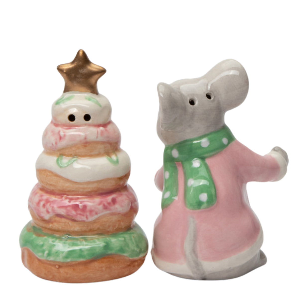 Pastel X'mas Mouse & Donut Tree Salt And Pepper Shaker Set