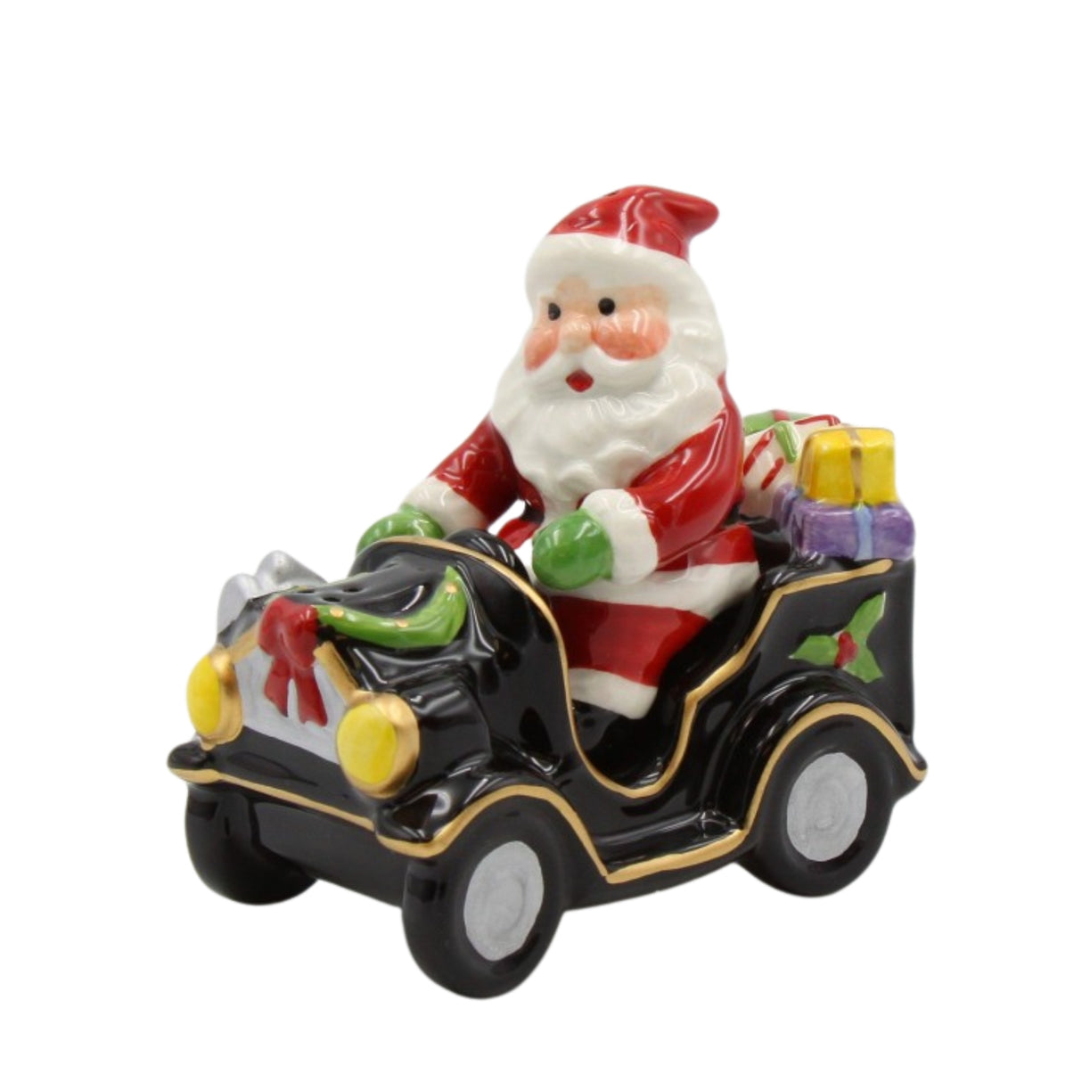 Christmas Santa Driving Black Car Salt And Pepper Shaker Set