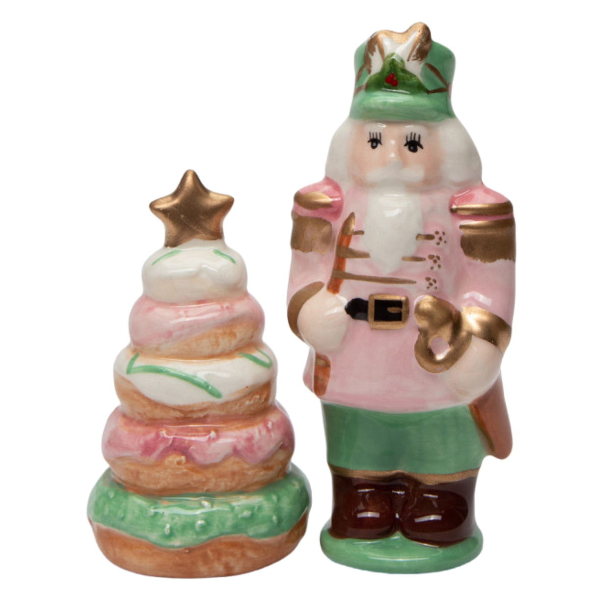 Christmas Pastel Nutcracker & Donut Tree Salt And Pepper Shaker Set