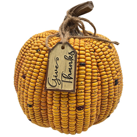 Give Thanks Tagged Yellow Kernal Field Corn Pumpkin with Tag