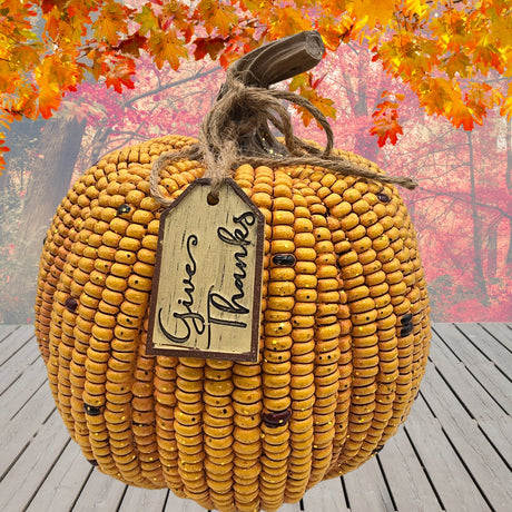 Give Thanks Tagged Yellow Kernal Field Corn Pumpkin with Tag