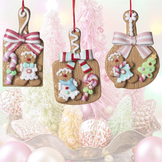 Pre-Order Gerson 5" Pastel Bow Gingerbread on board Ornament Set 2806500
