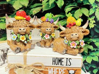Pre-Order Spring 2026 Resin Highland Cow w/ Fruit Hat & Flowers Set