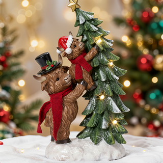 Christmas Lighted Resin Holiday Highland Cows w/ Tree & Timer 2795250