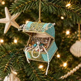 Regency 5" Paper Glitter Sea Treasure Chest Ornament MTX79080-Aqua