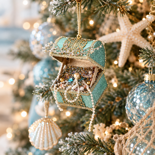 Regency 5" Paper Glitter Sea Treasure Chest Ornament MTX79080-Aqua