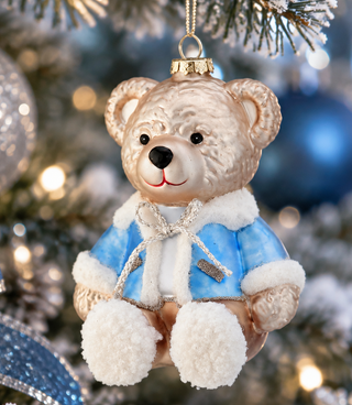 Large Glass Cozy Bear w/Blue Jacket Ornament MTX78186