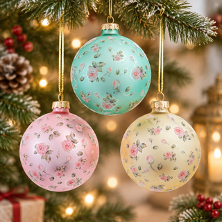 Glass Victorian Country Cottage Floral Decal Ball Ornament Set F2478