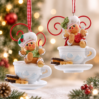 Gingerbread Boy & Girl On Teacup Ornament Set H5903