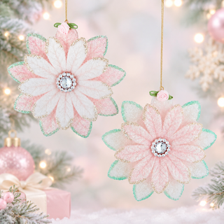 Patisserie Pink & Green Poinsettia Pastel Ornament Set T4025