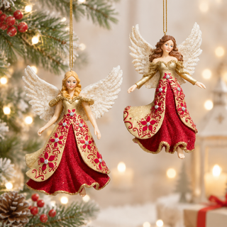 Burgundy Red Gold Holiday Diamonds Angel Ornament Set E1164