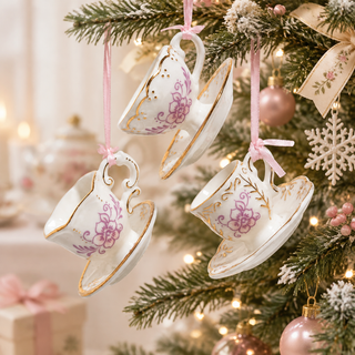High Tea Time Pink Lavendar Floral Porcelain Tea Cup Ornament J7864