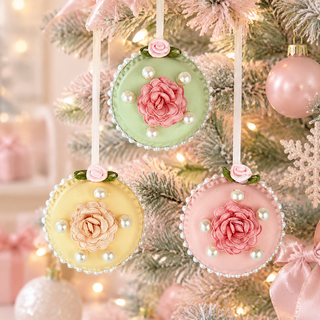 Pink Patisserie Tea Rose Macaron Ornament Set T3946