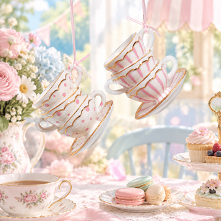 Whimsical Pink High Tea Time Porcelain Tea Cup Ornament Set J7853