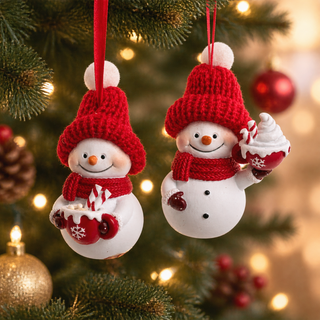 Snowman in Red Knit Hat with Hot Cocoa Holiday Ornament Set J2197