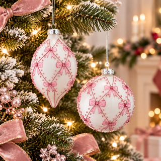 Glass Pink Jeweled Bow Ornament Ball Finial Set MTX78806