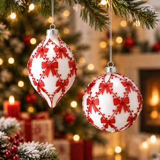 Glass Red Jeweled Bow Ornament Ball Finial Set MTX78806