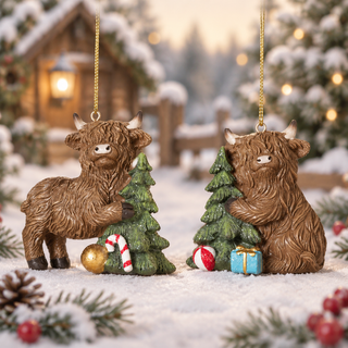 Christmas Highland Cow Ornament Set with Trees 2851970