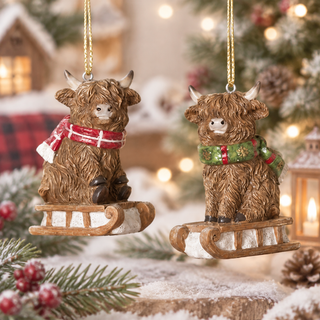 Christmas Highland Cow Sledding Ornament Set 2851980