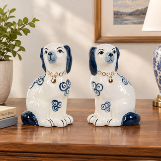 Blue Porcelain Motif Staffordshire Dog Figurine Set EAB26069