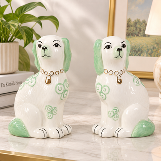 Green Porcelain Motif Staffordshire Dog Figurine Set EAB26070