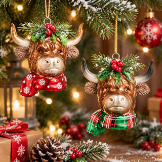 Glass Holly Berry Highland Cow Head Ornament Set 4624982