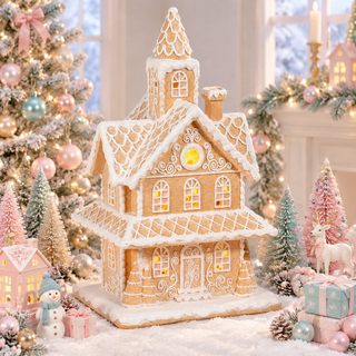Christmas Lighted Brown White Frosted Gingerbread House 4510345