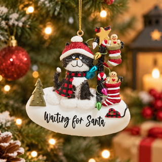 Waiting for Santa Cat with Gingerbread Ornament D4907