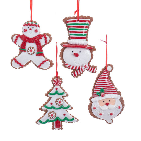 Kurt Adler Gingerbread Frosted Cookie Snowman, Santa, Boy and Tree Ornament Set