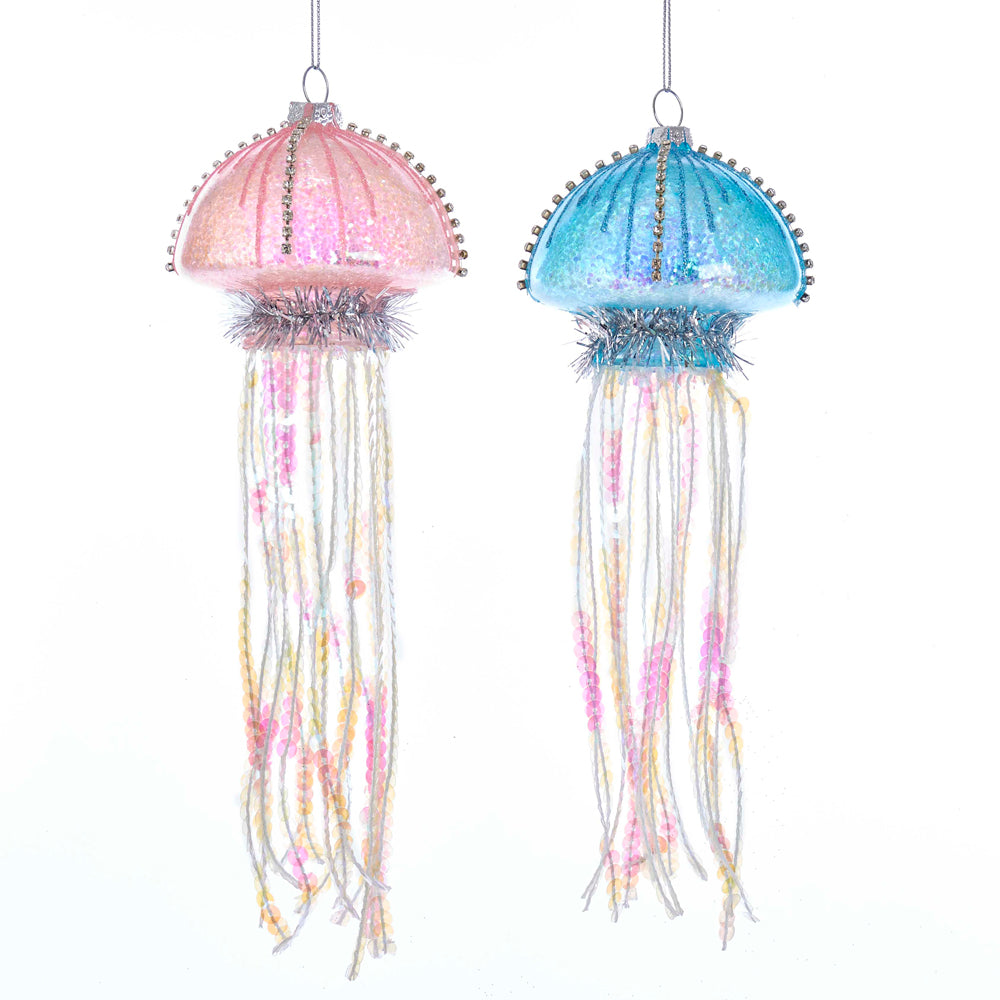 Kurt Adler 5.5" Glass Blue and Pink Jellyfish Ornaments Set of 2