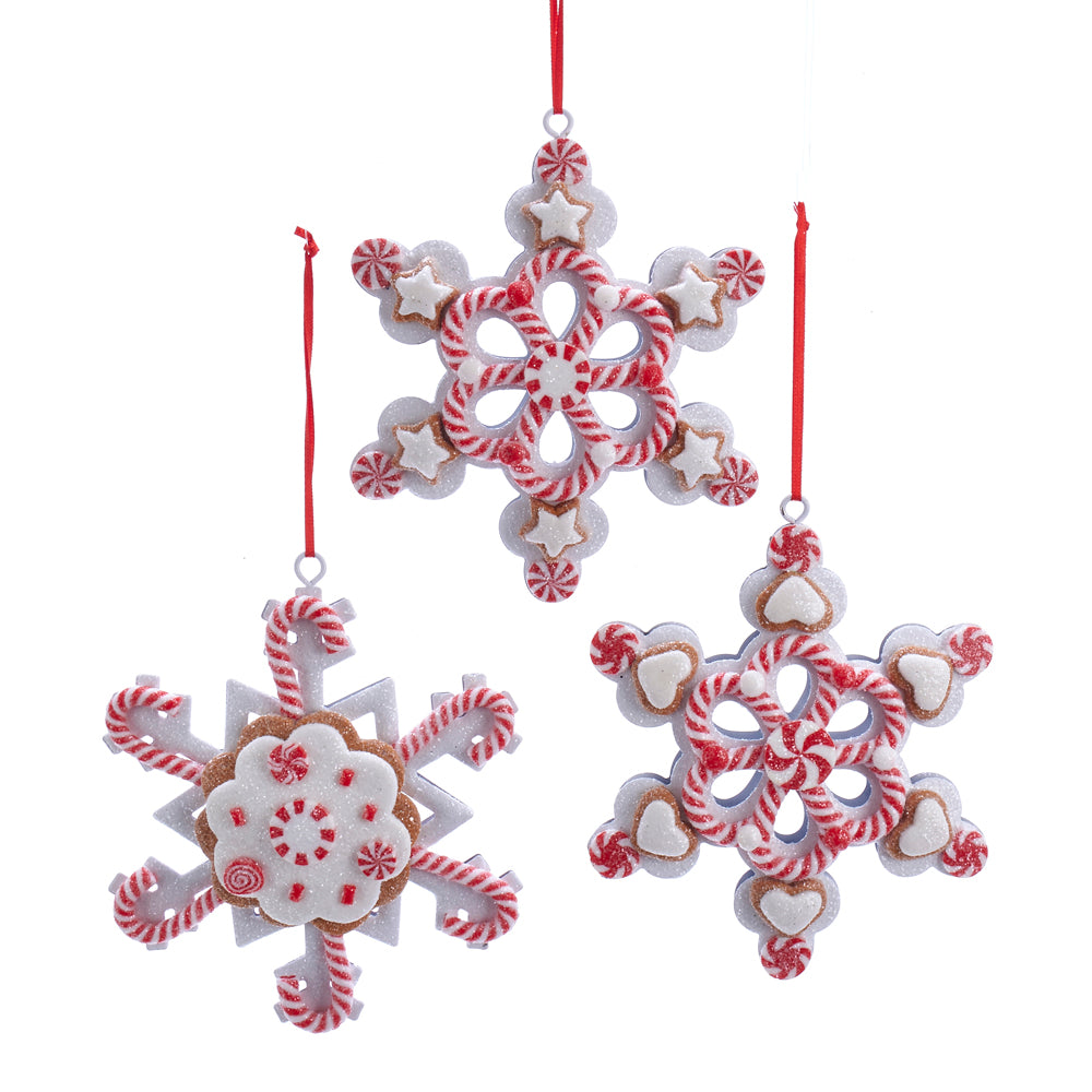 Kurt Adler Peppermint Gingerbread Snowflake Christmas Ornaments Set of 3