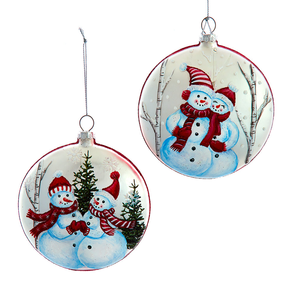 Snowman Glass Disc Ornaments Set of 2, 100MM