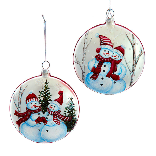 Snowman Glass Disc Ornaments Set of 2, 100MM