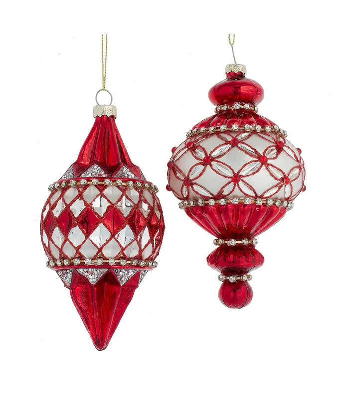 Glass Red & Silver Finial Ornaments Set of 2