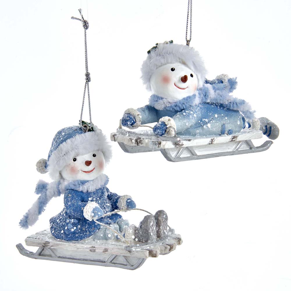 PRE-ORDER Kurt Adler Blue Snowman Sledding Ornaments  E0439