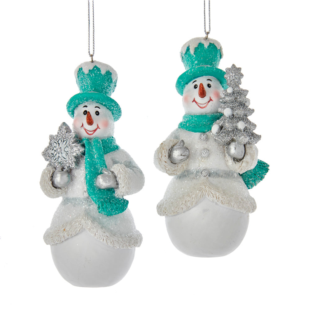 Set of 2 Turquoise and White Snowman Ornaments E0663