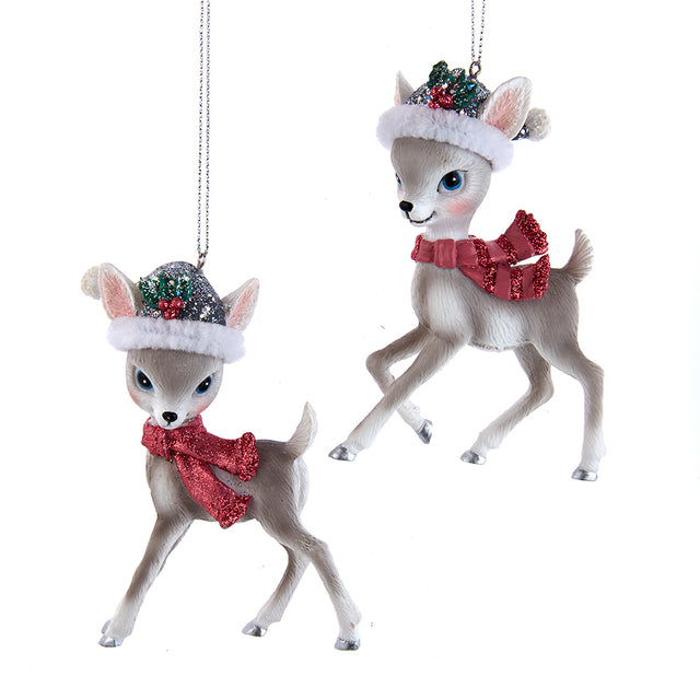 Kurt Adler Pink and Pewter Deer with Santa Hat Ornaments Set