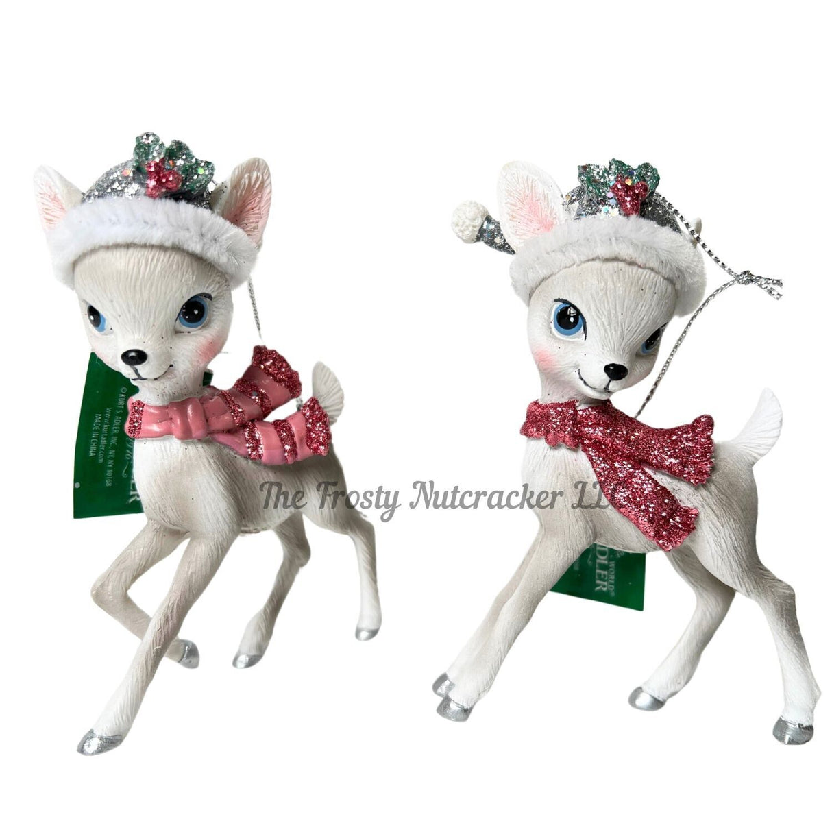 Kurt Adler Pink and Pewter Deer with Santa Hat Ornaments Set