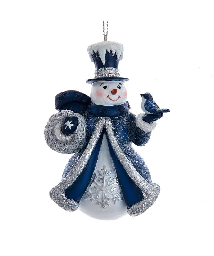 Blue and Silver Snowman With Bird Ornament