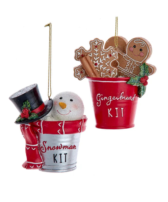 Snowman and Gingerbread In Pail Ornaments Set of 2