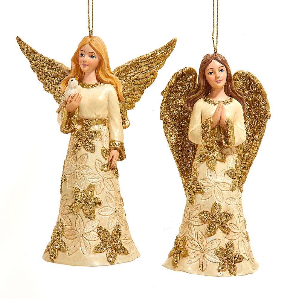 Kurt Adler Ivory & Gold Angel With Dove Christmas Ornaments Set