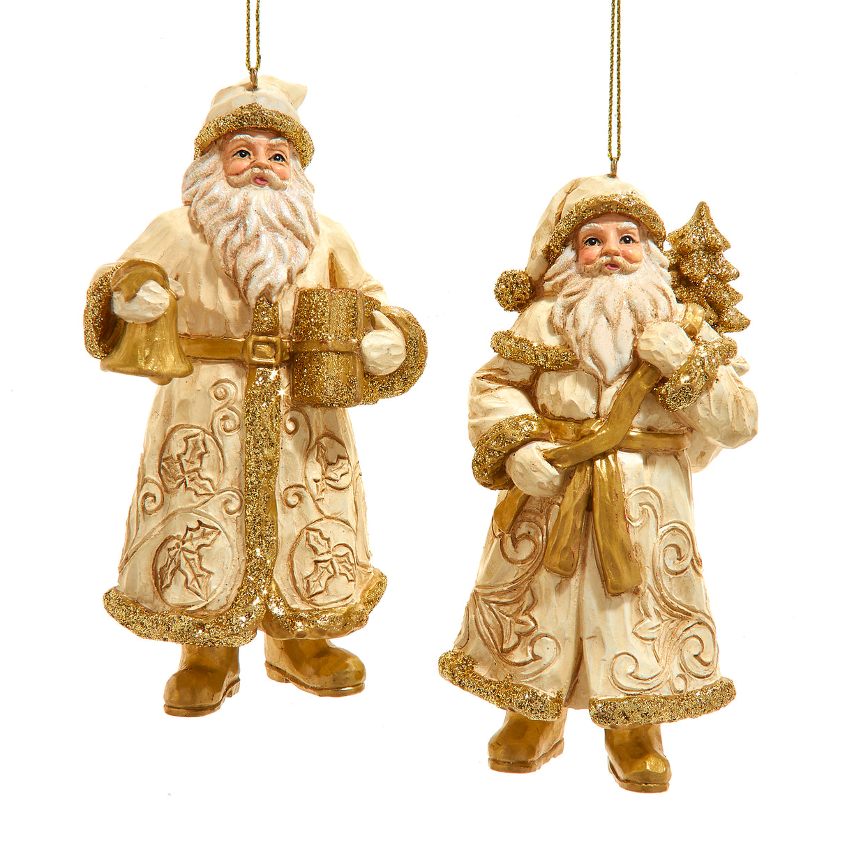 5" Ivory & Gold Santa Ornaments Set