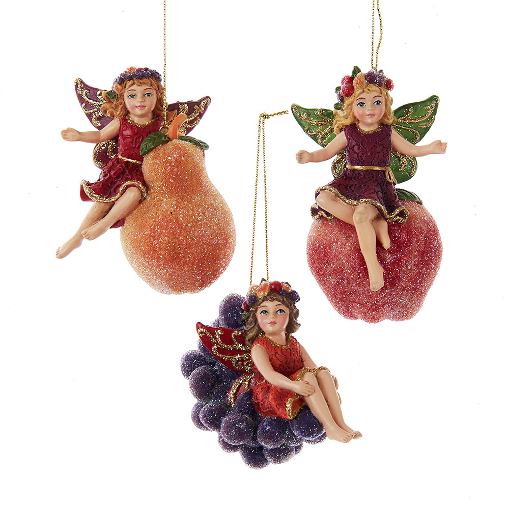 Kurt Adler Sugar Frost Fairy On Fruit Christmas Ornaments Set