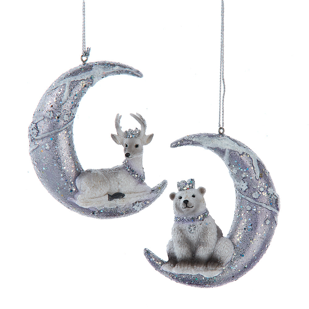 Kurt Adler 3'5 in Winter Fantasy Deer & Polar Bear On Moon Ornaments Set of 2