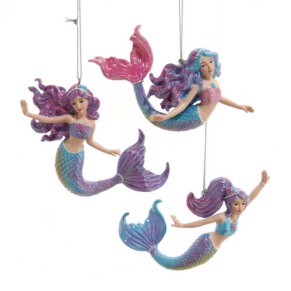 Coastal 4.5"  Pink, Purple & Blue Mermaid Christmas Ornament Set of 3