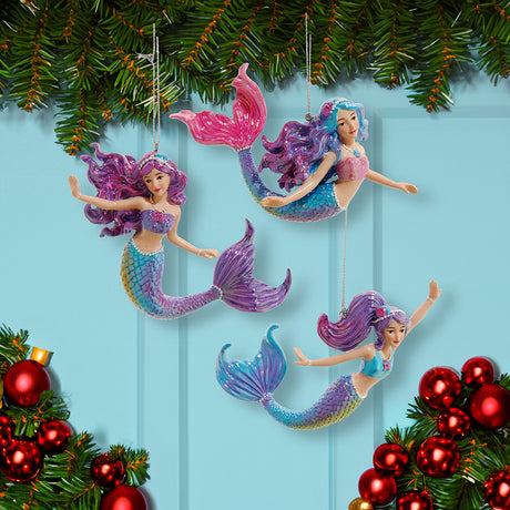 Coastal 4.5"  Pink, Purple & Blue Mermaid Christmas Ornament Set of 3